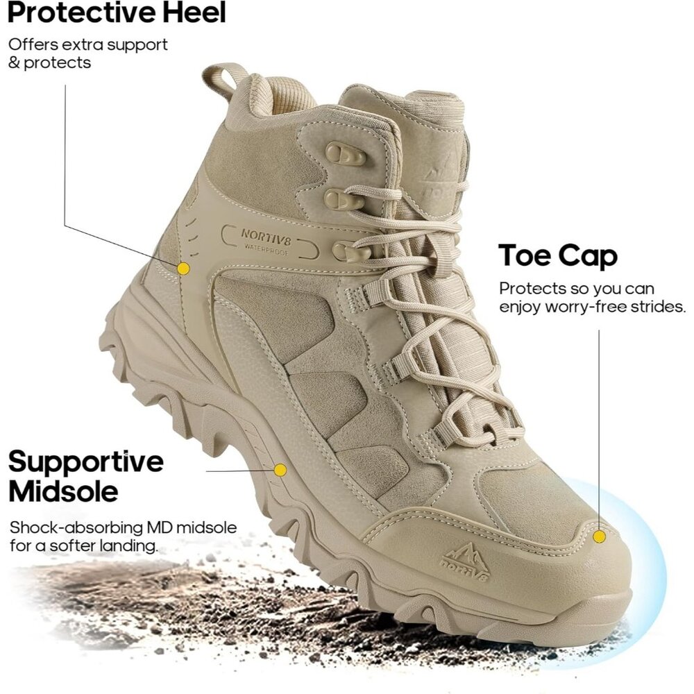 NORTIV 8 Men's Waterproof Hiking Boots Mid Trekking Mountaineering Shoes Sand - Picture 6 of 6